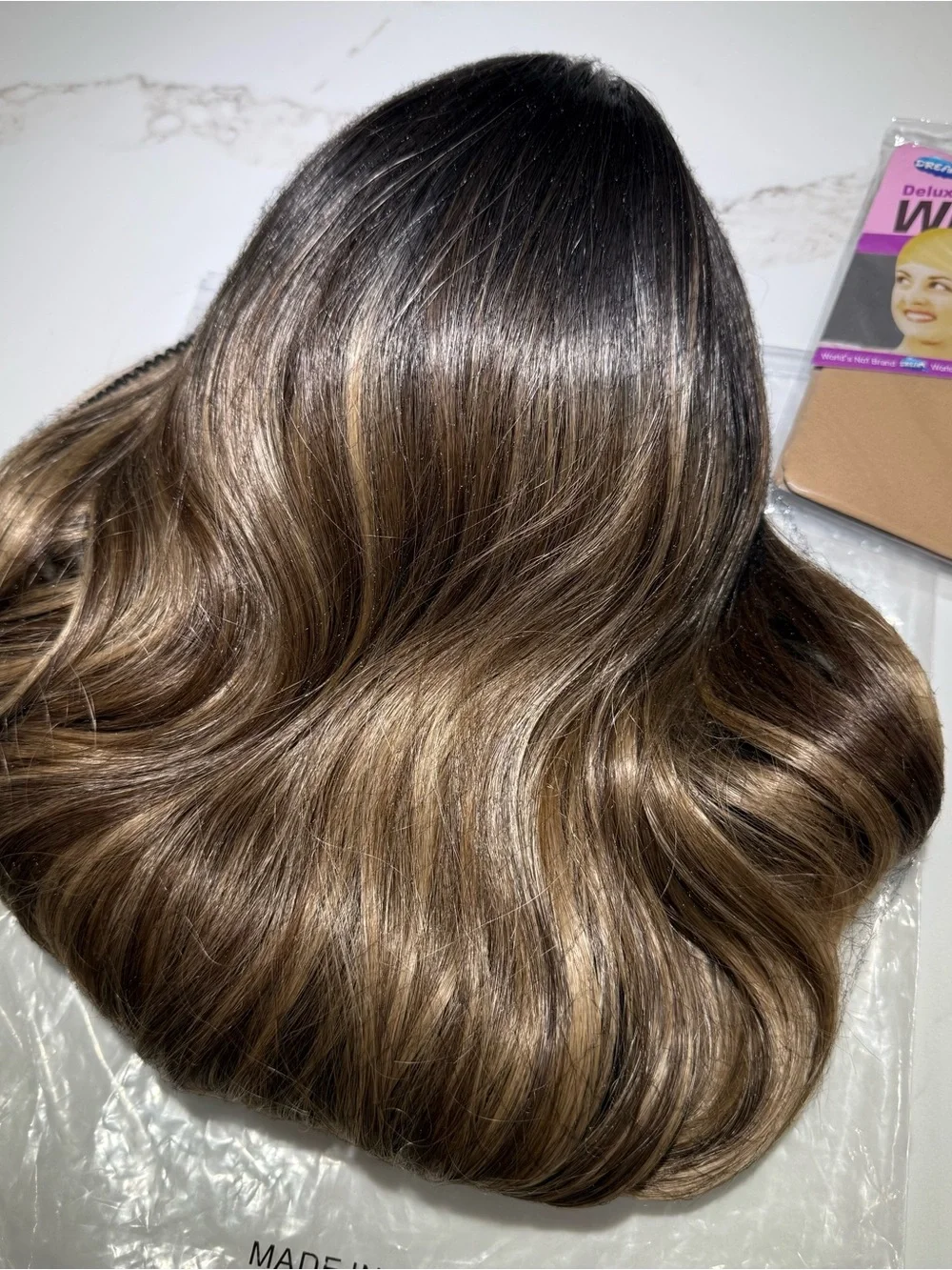 HAIR, 30” Long Layers, Center Part Ombre Variegated Highlighted Brown Shades